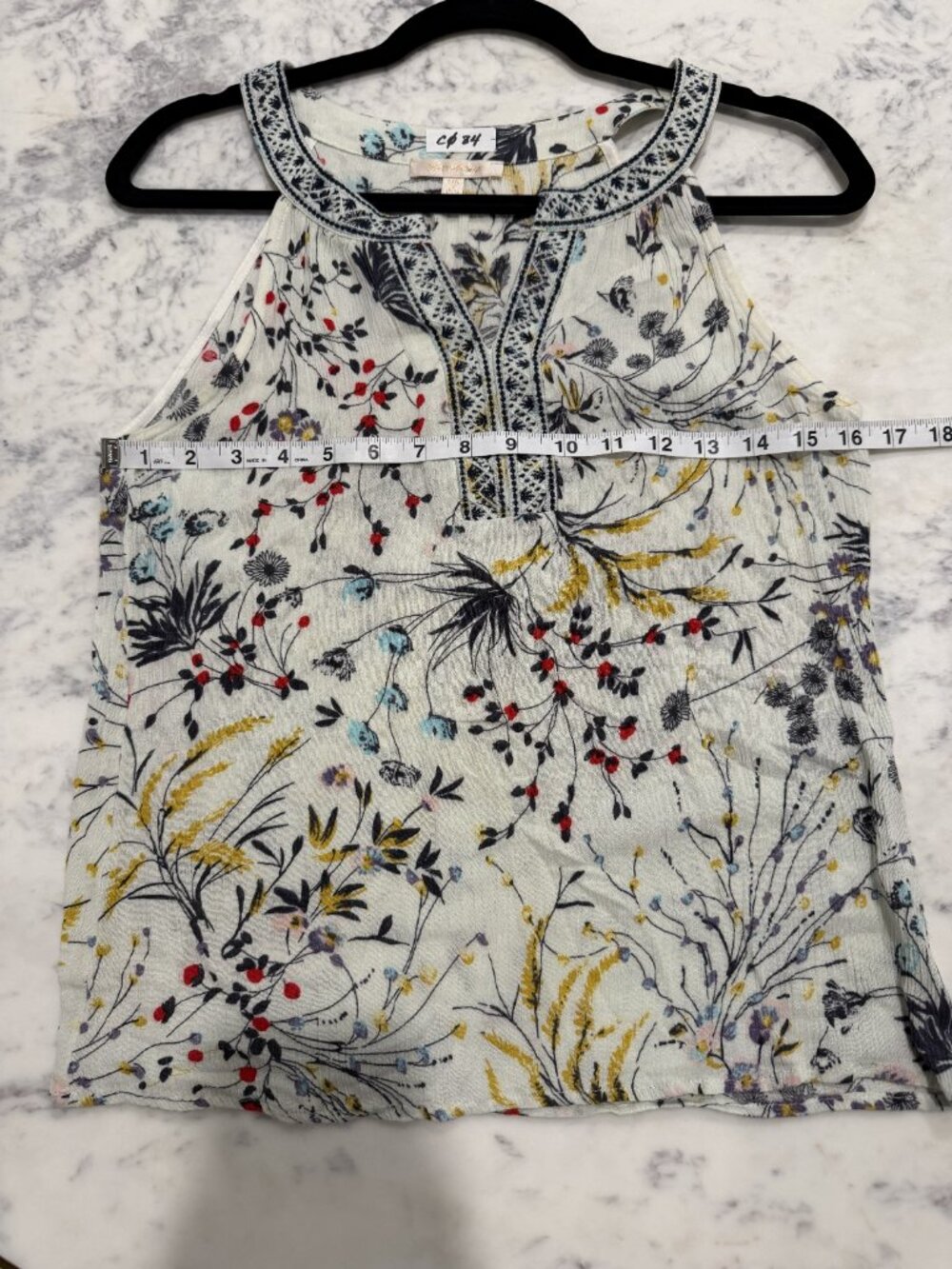 C084 Skies Are Blue Floral Embroidered Split-Neck Tank Top - Picture 5 of 5